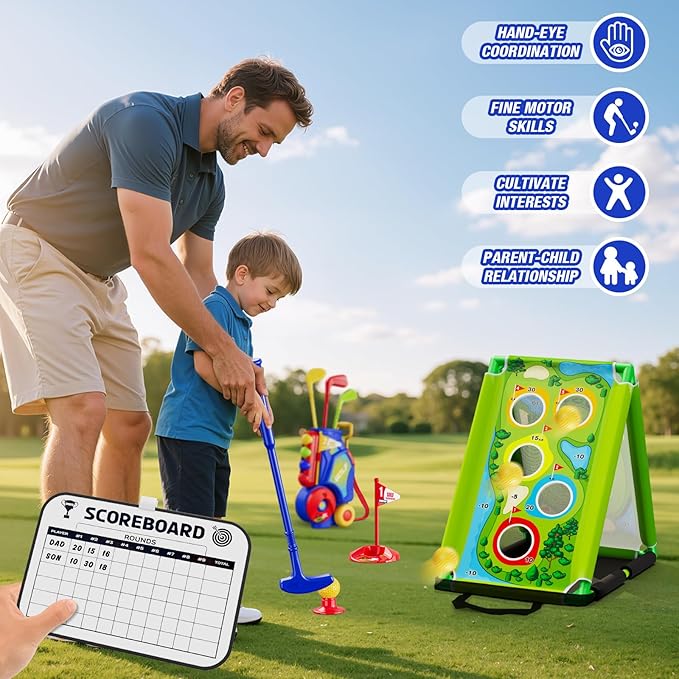 3 in 1 Toddler Golf Set with Putting Mat & Sticky/Golf Game, Kids Golf Club with 8 Balls, 4 Plastic Clubs, Scoreboard, Indoor Outdoor Sport Toys with Golf Cart Gift for Boys Girls Aged 2-5, Blue