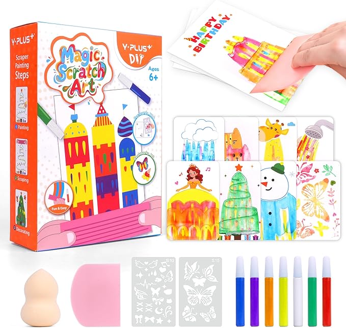 YPLUS Rainbow Scratch Art for Kids, Creative Squeegee Painting Kits, DIY Rainbow Scratch Paper, Magic Kids Crafts with Rubbing Game, Birthday Gifts for Girls Boys 5 6 7 8 9 10
