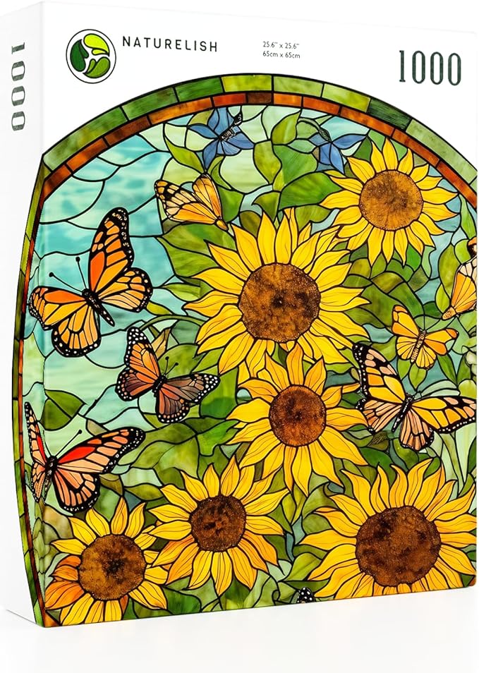 Sunflower Stained Glass Puzzles Jigsaw for Adults 1000 Pieces, Brain Challenging Puzzle for Game Night, Family, Friends, Round Puzzles Diameter 25.6 in