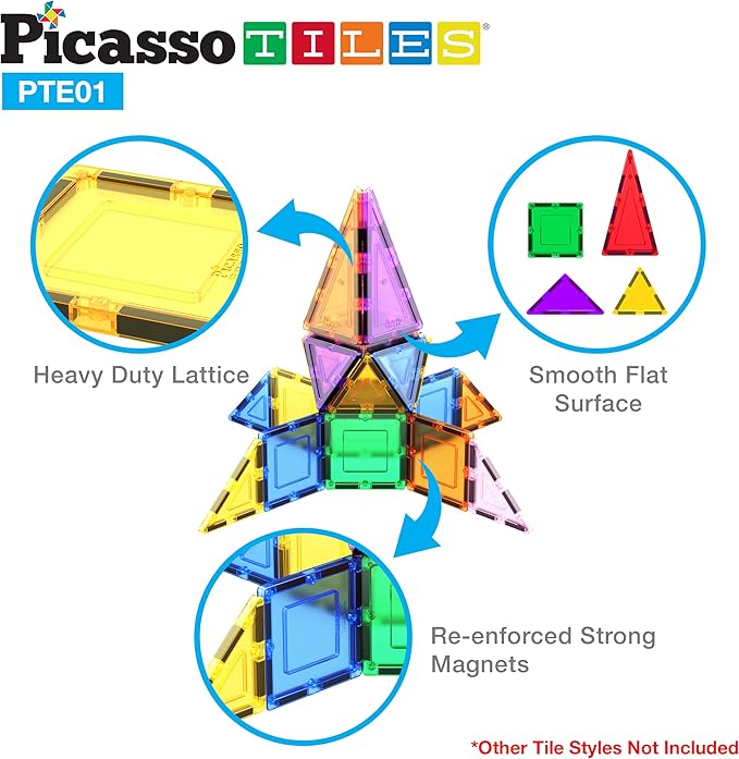 PicassoTiles Magnetic Tiles Equilateral Triangle Magnet Tile Building Set STEM Educational Construction Blocks for Kids Toddlers Boys Girls Age 3 Plus Pretend Play Learning Toy Stacking Kit PTE01