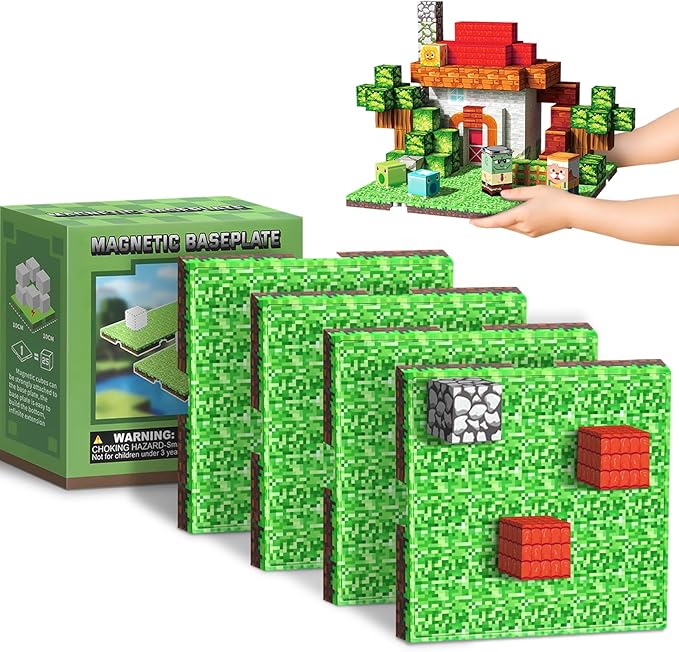Magnetic Blocks Baseplate - Magnet Toys for Kids, 4PCS Baseplate for Minecraft Magnetic Building Blocks Placing 4" x 4", STEM Toys Birthday Gifts for Boys Girls Age 3+ Years Old, Grassland