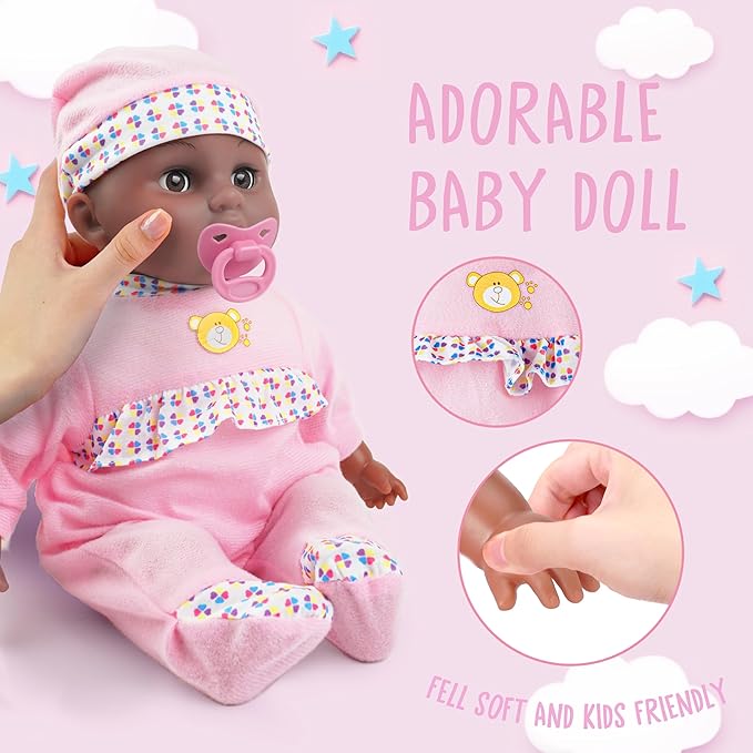 Toy Choi's Interactive Baby Doll Pink - 16 Inch Crying Talking Feeding Dolls with Different Sounds and Accessories, Pretend Play Preschool Toys for 2 3 4 5+ Year Old Girls Boys Gift, Black Doll