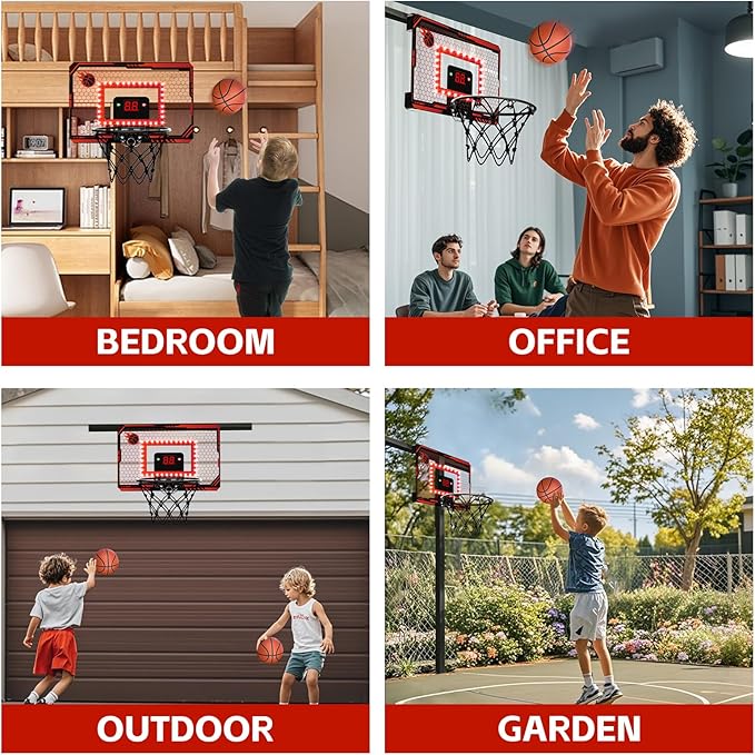 Mini Basketball Hoop Indoor, Over The Door Basketball Hoops with Led Lighting, Mini Hoop with Electronic Scoreboard & 3 Balls, Outdoor, Red, Sports Toys Gifts for 6 7 8 9 10 11 12+ Year Old Boys