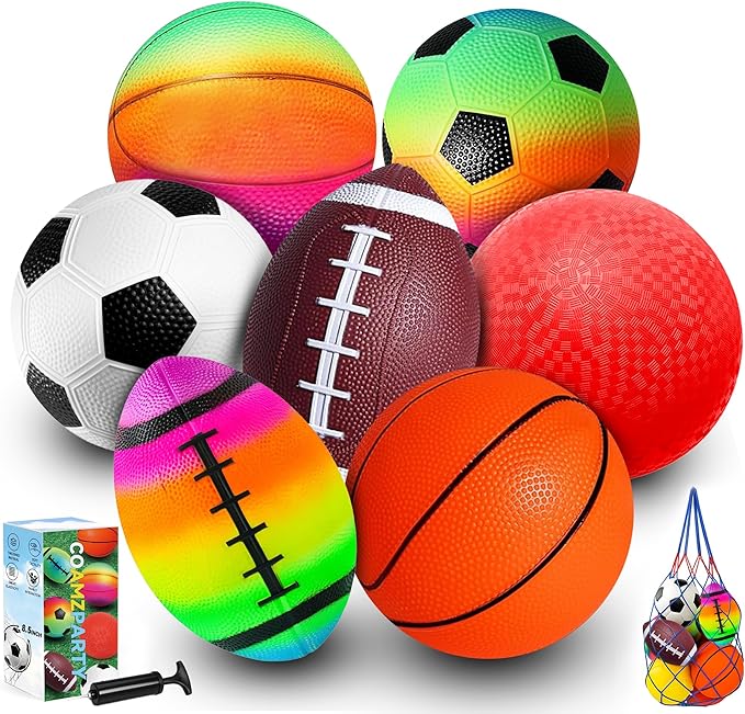 8.5 Inch Sports Balls Set 7 Pack,Playground Balls for Kids&Adults, Includes Soccer Ball, Basketball, and Football,Rainbow Ball for Outdoor & Indoor Games, Boys and Girls Gift with Gift Box