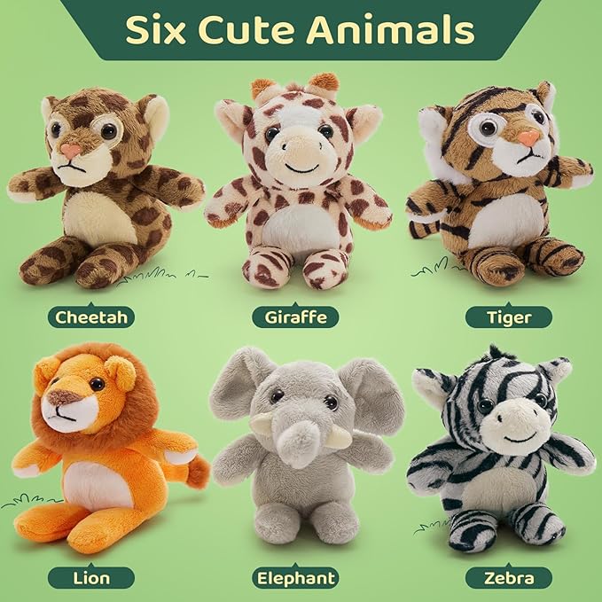 Tezituor 6 Pack Small Stuffed Animals Keychain,Cute Forest Animal Keychain Bulk,6" Mini Plush Toys,Lion/Tiger/Cheetah/Elephant/Giraffe/Zebra Kids Backpack Charm for Christmas, Easter, Birthday