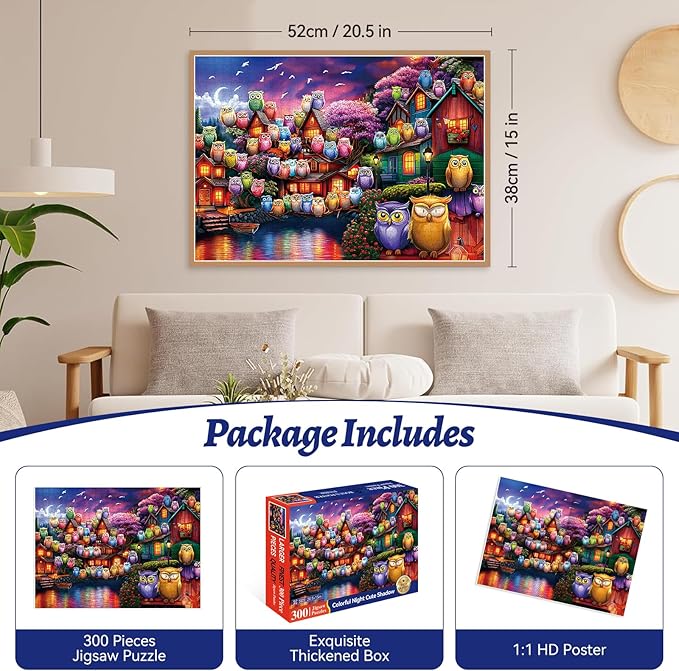 300 Piece Puzzles for Adults, 300 Piece Puzzles for Adults Large Piece, Moonlit Night Owl Village Jigsaw Puzzle, Funny Gift for Adult Kids Senior Challenging Family Games Toy, 20.5 X 15 in