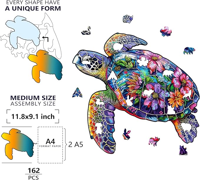 Wooden Puzzles for Adults, About 150 Pieces Unique Puzzles for Adults, Irregular Animal Shaped Wooden Jigsaw Puzzles, Creative Gift,11.1 x 5.5 inch, Turtle