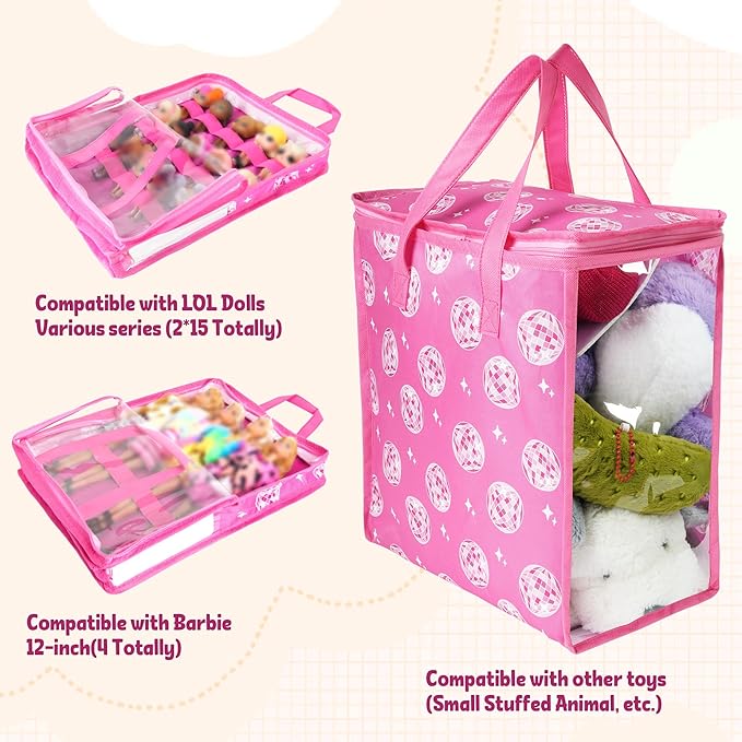 4 Pack Doll Storage Organizer Compatible with Barbie Dolls 12-Inch, Toy Storage Bag Compatible with LOL Surprise Dolls, Toy Travel Carrying Case for Girls Boys with Label & Handle, Bags Only