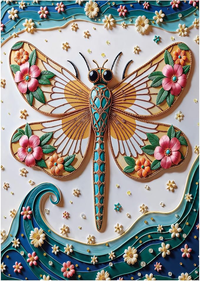 Dragonfly 1000 Piece Jigsaw Puzzle for Adults, Rocorose Painted Dragonfly Puzzles Unique Beautiful Flowers Family Puzzle Nature Floral Challenging Games Gift for Animal Insect Lover