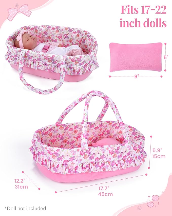 BABESIDE 2 Pcs Reborn Baby Doll Accessories, Pink Floral Baby Doll Bassinet with Pillow and Built-in Carrier, Portable Doll Bed with Handle for 17-22 Inch Lifelike Dolls (Dolls Not Included)