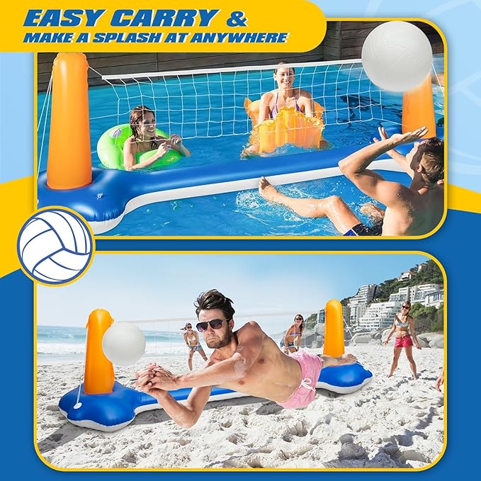 KIDDITOY Pool Volleyball Net, Pool Volleyball Set for Inground with Water Ball and Ball Pump, 2025 Swimming Pool Games for Adults, Perfect for Floating Pool Party Toys Games (115" x30’’x38’’)