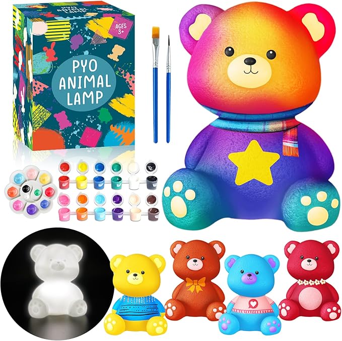 FUNZBO Paint Your Own Bear Lamp Kit - Easter Basket Stuffers, Arts and Crafts Supplies Painting Kits for Kids Teens, DIY Night Light Toy for Girls Boys Ages 3 4 5 6 7 8 9 10 11 12 Birthday Gifts