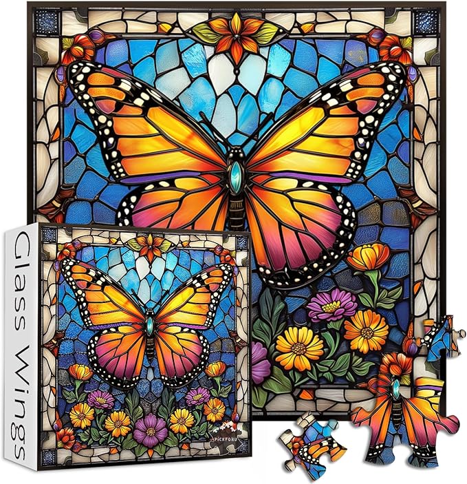 Butterfly Puzzles for Adults 1000 Pieces and up, Stained Glass Puzzle with Butterfly Flowers, PICKFORU Colorful Wall Art Puzzles as Home Decor