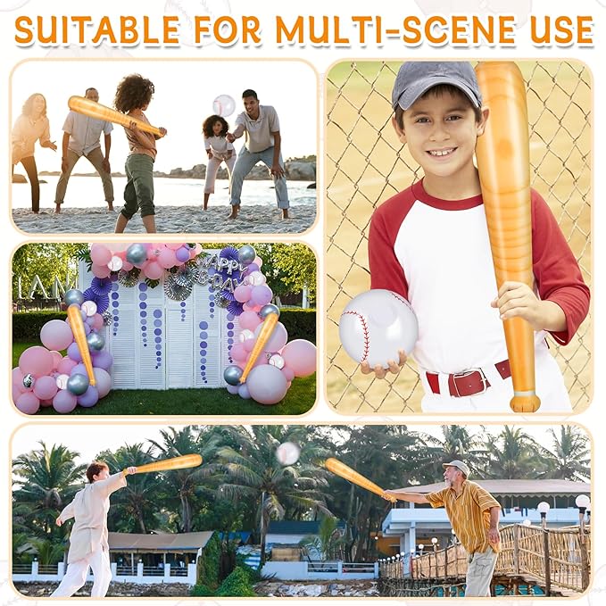 10 Pieces Inflatable Baseball Set, Including 4 Piece 30 Inch Baseball Bat and 6 Piece 5 Inch Beach Baseball, Sports Party Decorations for Kid Adult Pool & Beach Sports Games