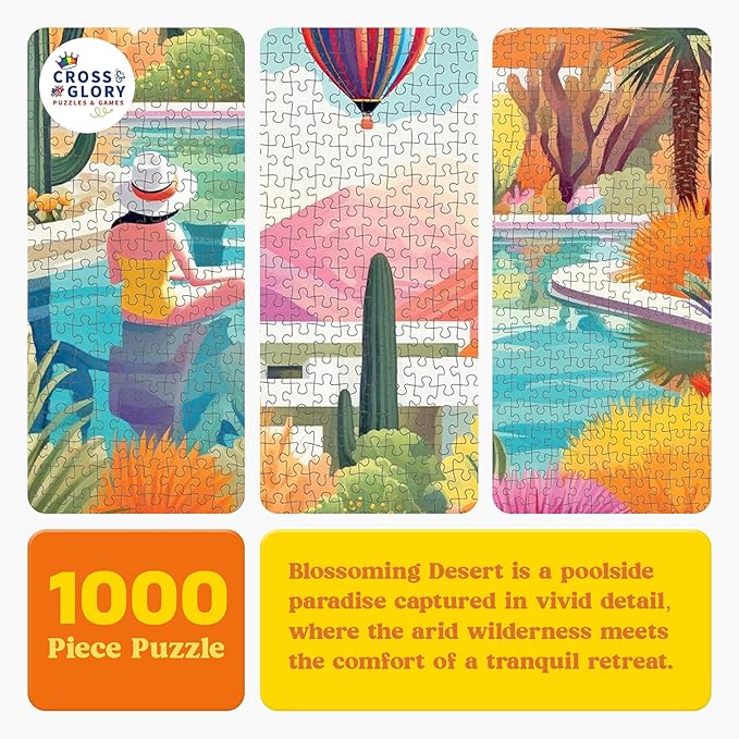 Cross & Glory - Blossoming Desert: Poolside Paradise - 1000 Piece Jigsaw Puzzle for Adults | Vibrant Desert Cactus & Succulent Landscape | 20x27 Inches Satin Finish