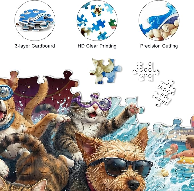 Puzzles for Adults 1000 Pieces, Funny Dog Cat Jigsaw Puzzles for Adults, Water Park Cool Fun Hard Difficult Challenging Jigsaw Puzzles 1000 Pieces Family Activity Game Nights Gifts