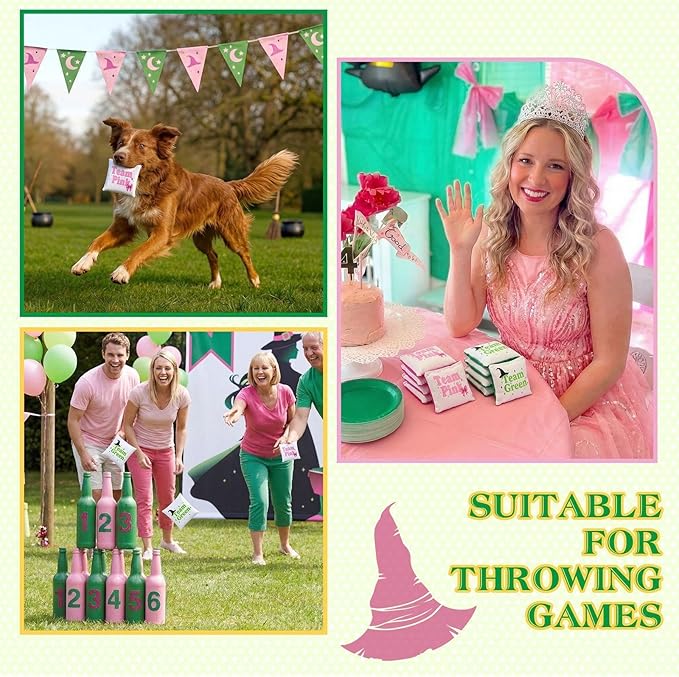 Soulchen 12 Pack Witch Bean Bags for Tossing Game Corn Hole Team Pink and Green Game Bag for Wizard Themed Birthday Party Decorations Outdoor Indoor Holiday Family Yard Hand Throwing Supplies