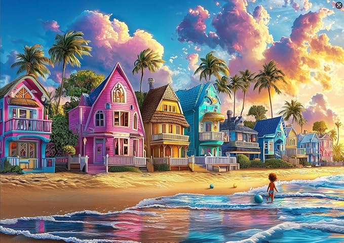 Colorful Beach Houses 500 Piece Jigsaw Puzzles for Adults Tropical Coastal Scene with Palm Trees Sunset Ocean Waves Puzzle with Letters on Back for Adults Teens Seniors Family Puzzle(23"x15")