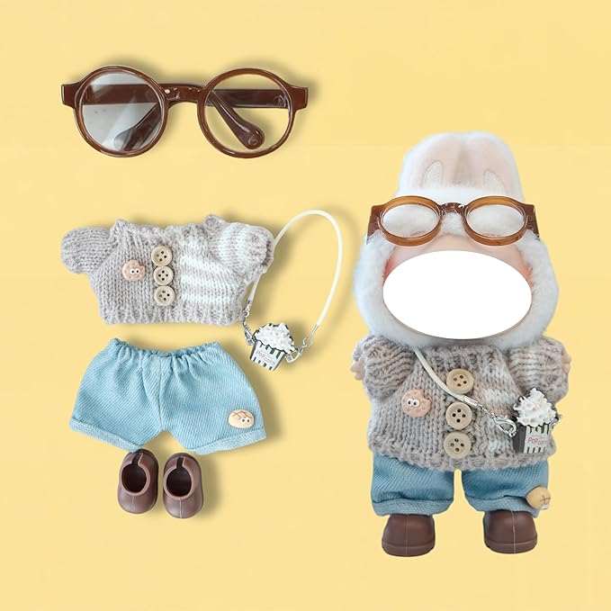 Clothes for 17cm Doll, 5 pcs Set Doll's Outfits Luxury Dress Sweater Pants Glasses Headset Shoes Accessories Fashion Stylish Adorable Dolls Clothes (No Doll) (Cookie Coffee)
