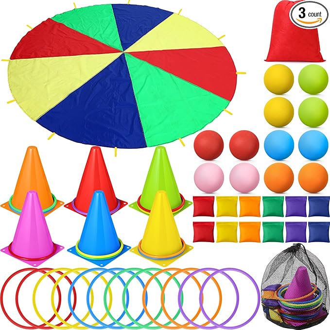 43 Pcs 3 in 1 Carnival Outdoor Games Combo Set Include 6 Plastic Cones, 12 Rings, 12 Bean Bags, 12 Plastic Balls, 10 Feet Play Parachute for Holiday Carnival Party Play Game Decor Supplies