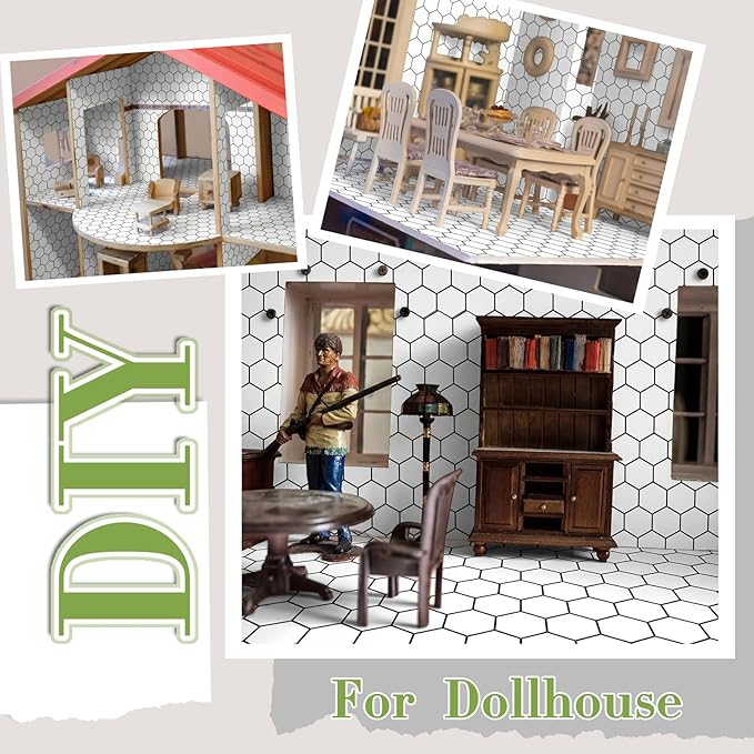 Flutesan 12 Pcs Miniature Dollhouse Wallpaper and Flooring Peel and Stick Mini DIY Self Adhesive Dollhouse Accessories 8.27 x 11.69 Inch (Hexagonal Grid)