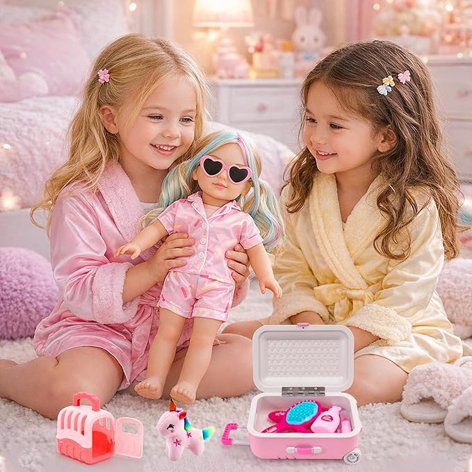 American 18 Inch Doll Accessories Sleepover Pajama Set with Travel Suitcase, Doll Accessories Bundle, Wigs, Sunglasses, U-Shaped Unicorn Pillow(No Doll)