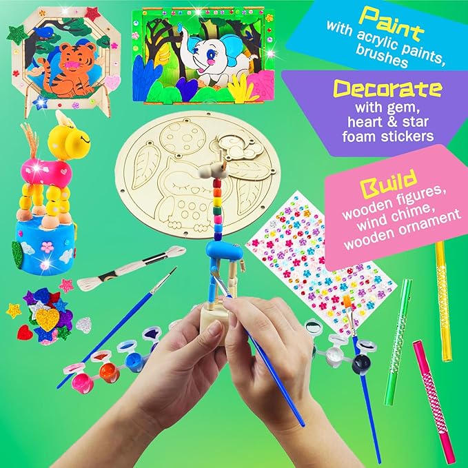 BEILUOYOO Wooden Painting Crafts for Kids - Art and Craft Kits for Kids 5-12 - Decorate & Build Your Own 3D Wood Animal Figures with Paint and Gem - Creative Activities Birthday Gifts for Girls Boys