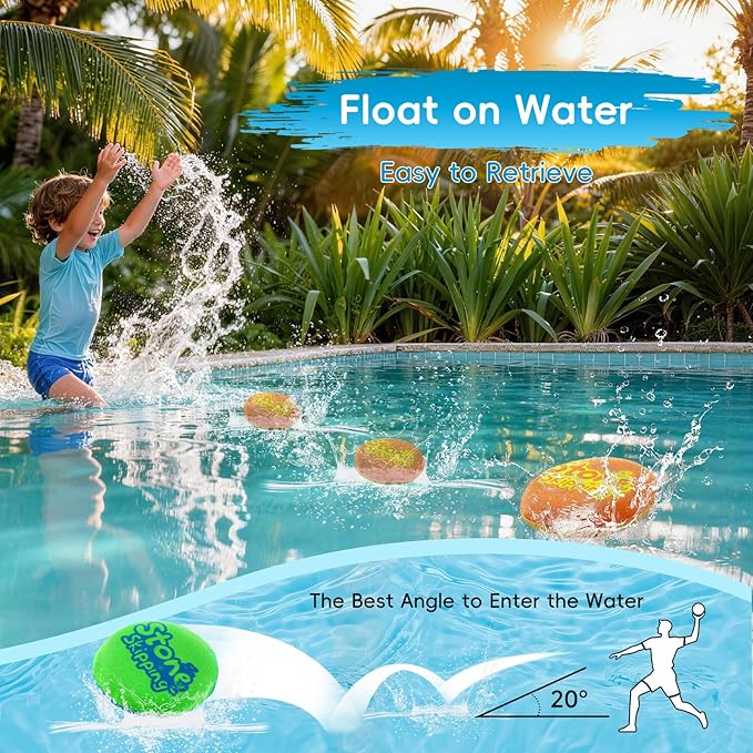 Water Stone Skipping Discs Set 4 Pack – Fun Pool Toys for Kids All Ages – Water Bouncing Skip Ball Toy for Boys & Girls – Best Games Gifts with Your Friends & Family at the Beach, Lake or Pool