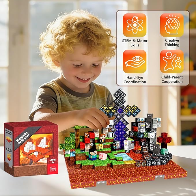 4PCS Magnetic Blocks Base Plates for Kids, 4" x 4" Strong Grip Magnetic Tiles Base Fits Most Magnetic Blocks & Cubes, STEM Building Toy Birthday Gifts for Boys Girls Ages 3+ (Lava)