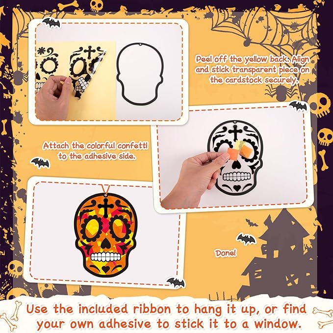 Renbuzhu 36PCS Dia De Los Muertos Crafts Bulk: Sugar Skull Paper Suncatchers DIY Kit for Day of The Dead Halloween Party Activities Decorations, Window Stained Glass Effect Art Supplies