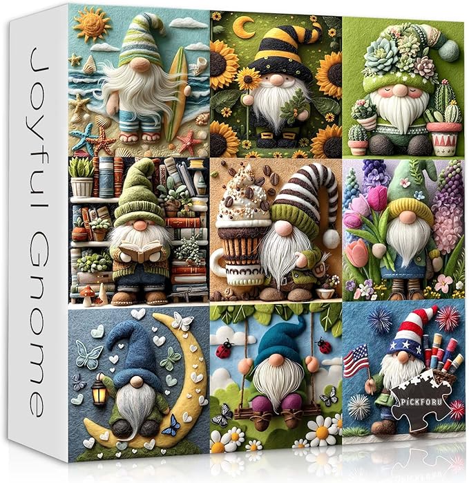 PICKFORU Funny Gnome Puzzles for Adults 1000 Pieces,Cute Gnome Puzzle Features Flower Sunflower Cactus Succulents Book Beach, Colorful Collage Challenge Jigsaw Puzzle Wool Felt Style