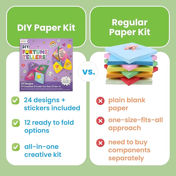 Ooly DIY Paper Kit, 24 Fortune Teller Designs & Stickers, Kit Includes 12 Completed, 6 Blank and 6 Color-in Folding Fortune Teller, Activity Gifts for Kids