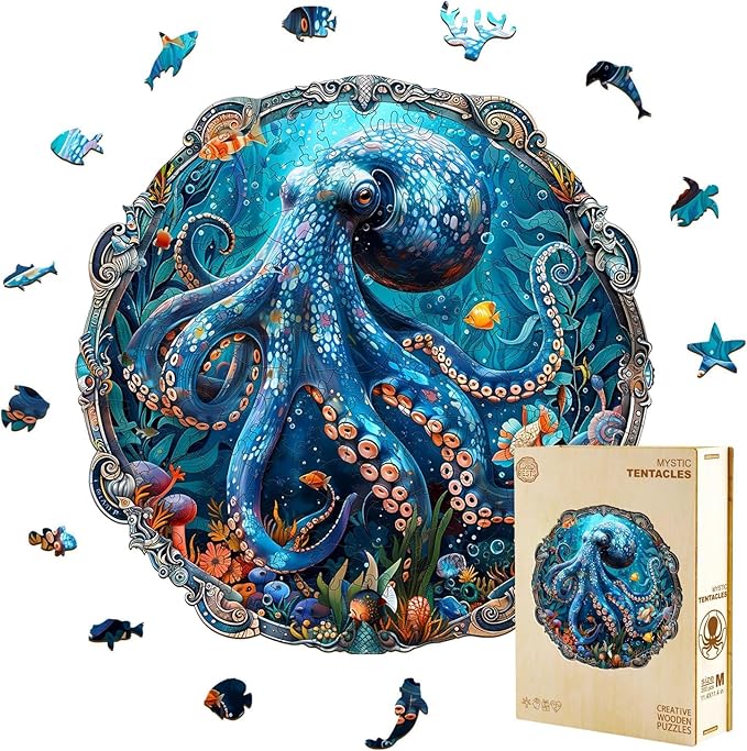 Wooden Puzzles for Adults, Mystic Tentacles Wooden Jigsaw Puzzle, Wood Puzzles Adult, Unique Shaped Octopus Puzzle for Adults, Fun Gifts & Home Decor (L-13.4 * 13.4in - 290 pcs)