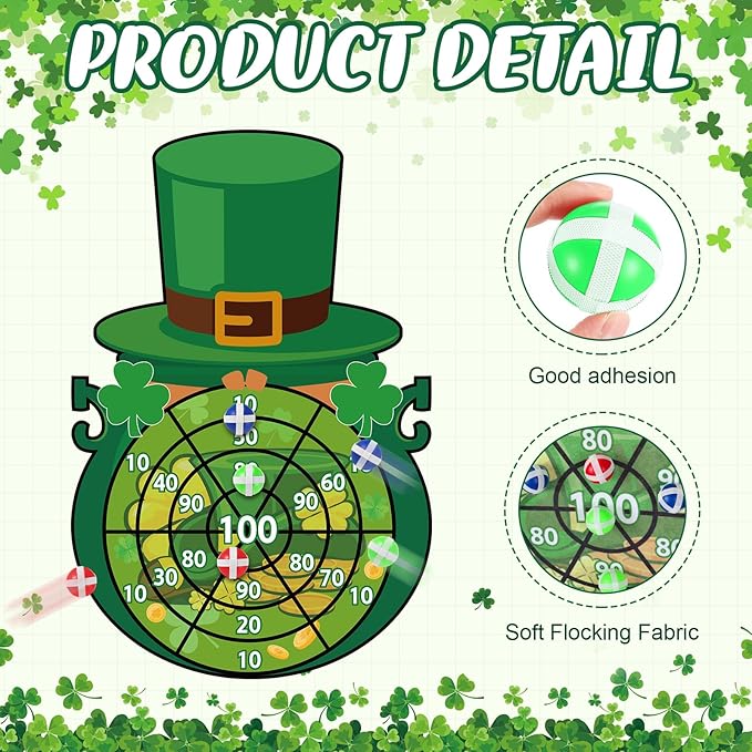 St Patricks Day Games Set Large 23.6 x 31.5in Dart Board Games with 6 Sticky Balls Irish Party for Adults St' Patricks Day Party Throwing Indoor Outdoor Yard Toss(Green Top Hat)