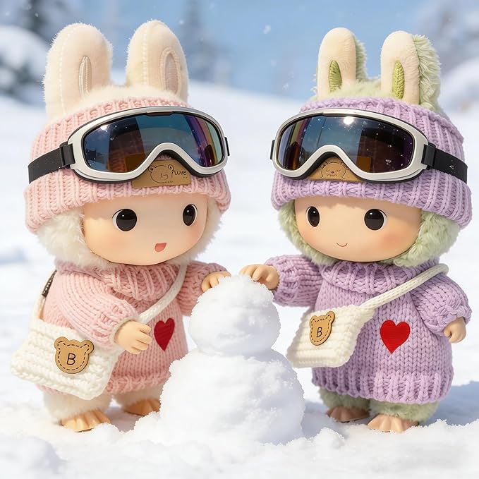 (2 Pack) Clothes for LABUBU 17cm Doll, 6-Piece Handcrafted Crochet Accessories for LABUBU, Premium Outfits for LABUBU Unique Dress up - Heart Sweater + Hat + Bag (Pink & Purple)