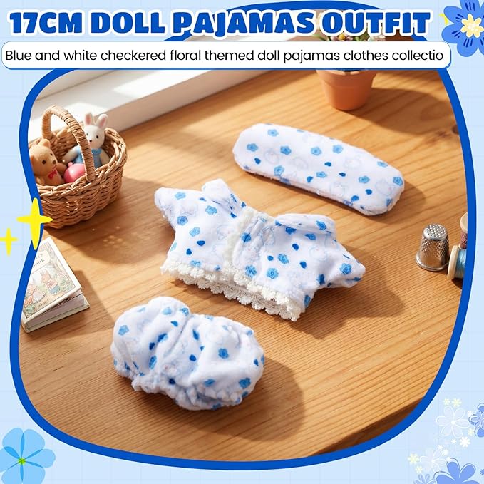 Simgoing 17cm Doll Clothes Pajamas Set with Pants Eye Mask Good Night Bedding Clothes Outfit Gifts Fits 17cm Dolls Accessories for DIY Dress up Lovers (Cute Blue Flower)