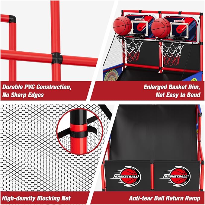 2 in 1 Dual Shot Basketball Arcade Game with 2 Dart Boards/Electronic Scoreboard/LED Light, Kids Basketball Hoop for Home Indoor Outdoor, Sport Toys for Boys Girls
