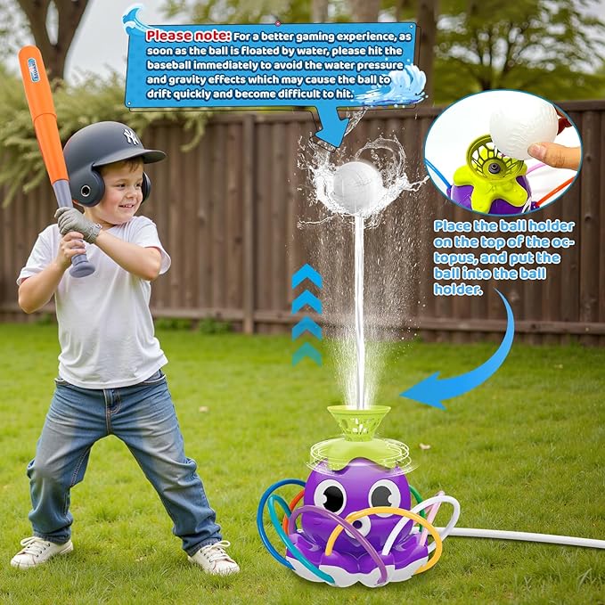 Water Sprinkler Baseball Toy for Kids Outdoor Play Toys- Summer Outside Toys Backyard Lawn Games - Attaches to Garden Hose Splashing Fun Toys Spray Water Baseball for 3 4 5 6 7 8 Year Old Boys Girls