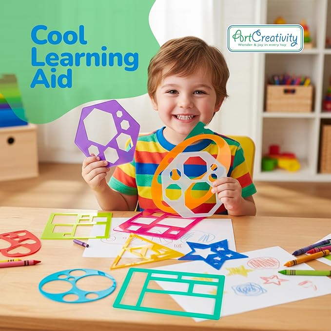 Karty Thick Shape Stencil Set with Case, 10pcs Sturdy Plastic Drawing Templates for Kids, Teacher Classroom Supplies and Preschool Arts & Crafts, Colorful Learning Kit for Toddlers Ages 4+