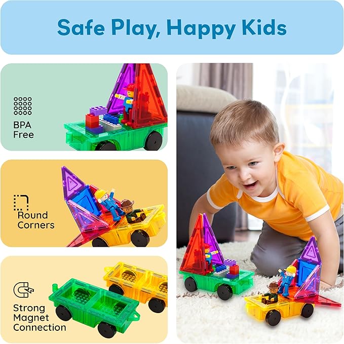 PicassoTiles 2pcs Magnetic Tiles Expansion Car Truck Building Blocks Compatible with regular bricks, Kids Magnet Bricks STEM Learning Toys, Add-ons Toddler Preschool 3 Years and up Boys and Girls PT21