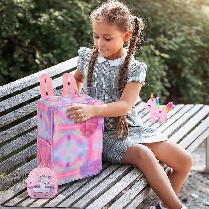 Wettarn 18 Inch Doll Carrier Set with Clothes and Accessories Including Doll Travel Bag, Dress, Shoes, Sunglasses, Backpack and Unicorn for Unicorn Birthday Gift(Pink)