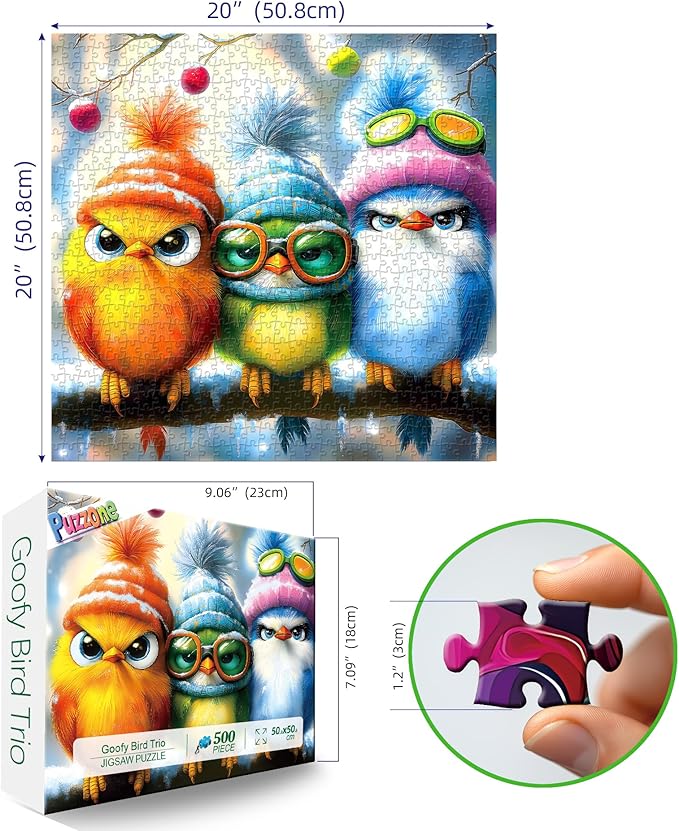 Whimsical Winter Birds 500 Piece Jigsaw Puzzle for Adults Cute Cartoon Colorful Owls in Hats Family Puzzles with Letters on Back Challenge Game Night Fun Gift (20"x20")