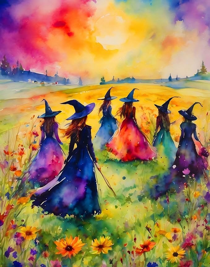 Springbok's Witches Gathering 500 Piece Puzzle for Adults is a Watercolor Image of Witches Gathering in a Blossoming Field