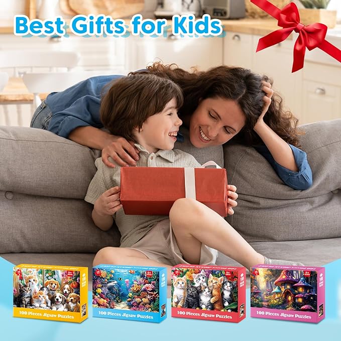4 Packs 100 Piece Puzzles for Kids Ages 4-6 6-8 8-10, Cats Dogs Sea World Mushroom Large Piece Puzzle for Seniors 100 Pieces Adults Jigsaw Puzzle Learning Educational Xmas Toys for Boys and Girls
