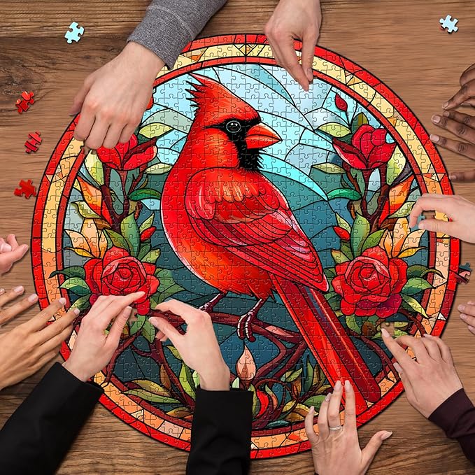 Stained Glass Puzzle Bird Puzzles for Adults 1000 Pieces, Round Cardinal Bird Flower Puzzle, Impossible Hard Challenging Puzzles for Adults, Colorful Stained Glass Jigsaw Puzzle as Wall Art Decor