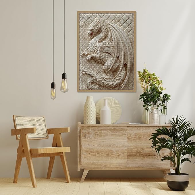 3 D Dragon Puzzles for Adults 1000 Pieces, Beautiful Difficult Animal Quilt Jigsaw Puzzle, Art Challenging Embroidery White Puzzle