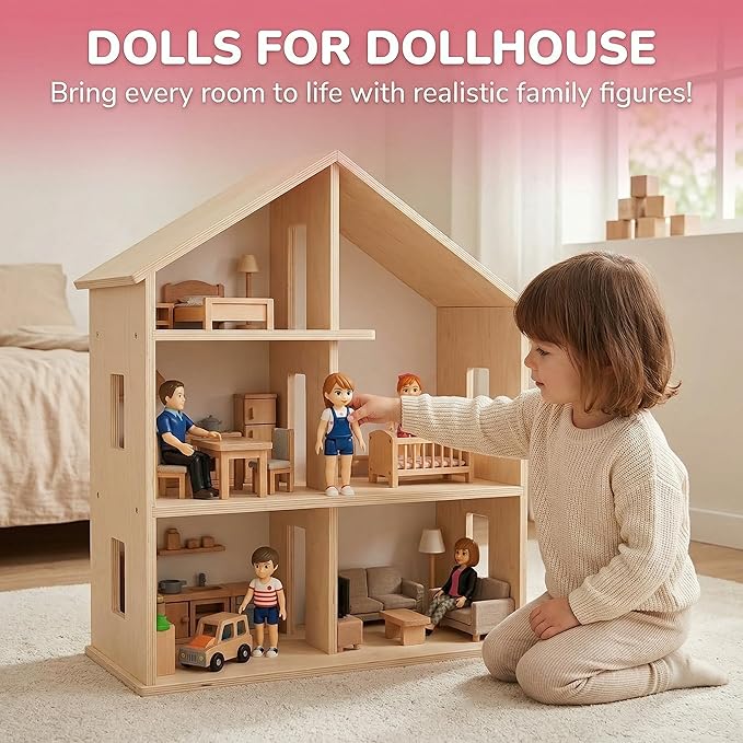 Family Dollhouse People - Bendable Doll House People Figures - 5 Poseable Action Figures Incl. Mom, Dad, Sister, Brother, & Toddler - Small Dolls for Doll-house Designed to Fit Standard Dollhouses