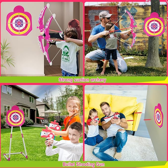 TWFRIC 2 Pack Bow and Arrow for Kids - LED Light Up Archery Set with 16 Arrows, 1 Standing Target & 2 Quivers - Fun Indoor/Outdoor Toy for Boys & Girls Aged 3-12 (Pink)
