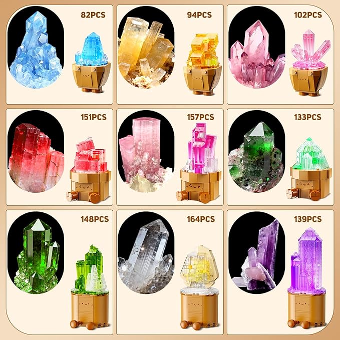 9 Pack Easter Party Favor Mineral Mini Building Set with LED Light, 1170PCS Crystals Flower Bonsai Block Toy for Goodie Bag Fillers Classroom Prizes, Birthday Gift for Kids Adults Women