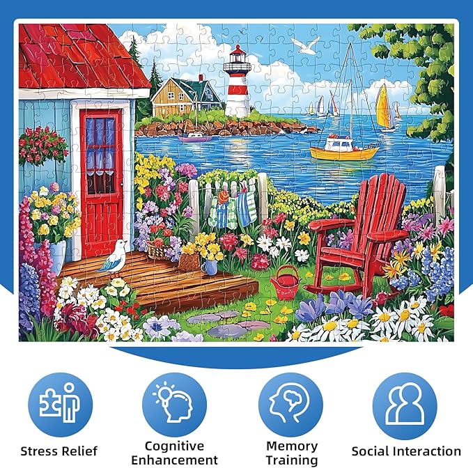 300 Pieces Puzzles for Adults,Seaside Garden House 300 Pieces Large Puzzle for Adults Seniors,Coastal Lighthouse Jigsaw Puzzle for Kids Ages 8-10,Challenging Family Games, 20.5 x 15 in
